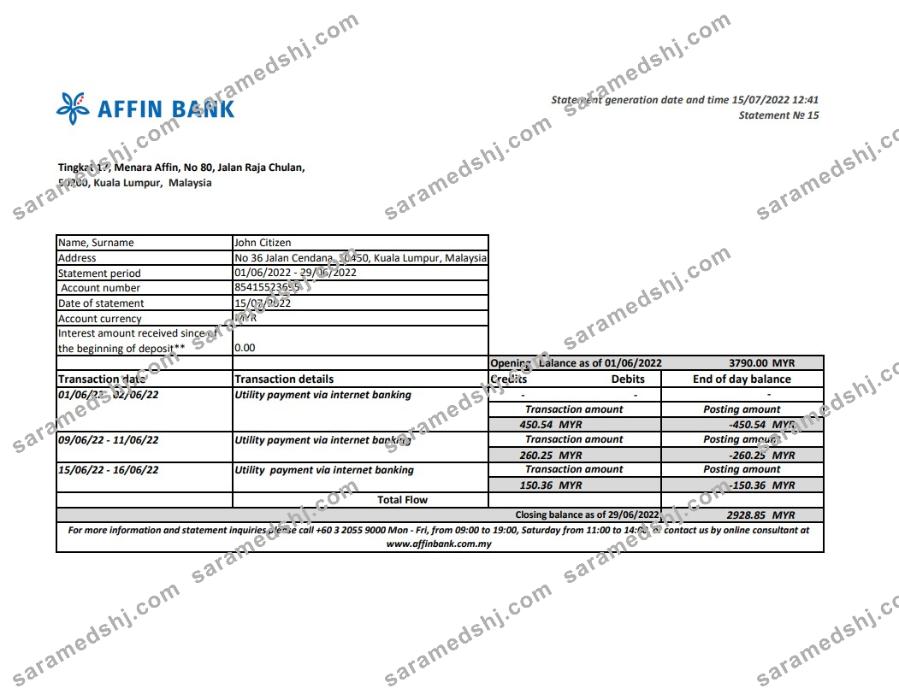 Malaysia Affin Bank statement